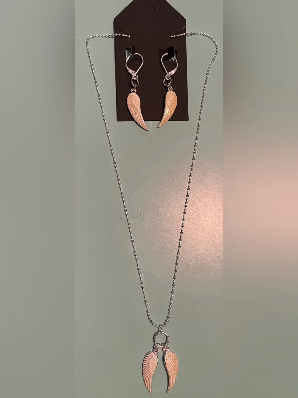 Silver Angel Wing Pendant Necklace with Matching Earrings